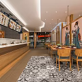 Cozy Modern Restaurant Interior With Wooden Furniture Long Bar Counter Patterned Carpet And Warm Lighting