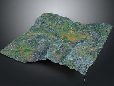 3D Terrain Model with Mountainous Ridges Lush Vegetation Winding River Paths and Colorful Topographic Features 3d model