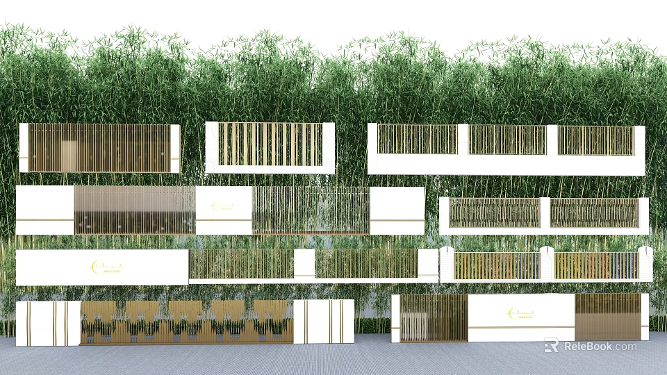 Architectural Exterior Wall Design Of Modern Building With Wooden Grille And Bamboo Plants 3d model 