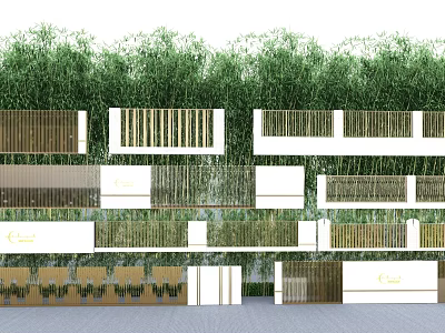 Architectural Exterior Wall Design Of Modern Building With Wooden Grille And Bamboo Plants 3d model