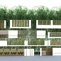 Architectural Exterior Wall Design Of Modern Building With Wooden Grille And Bamboo Plants