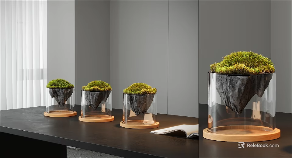 Modern Bonsai Planter With Transparent Glass Container Green Moss And Wooden Base On Dark Table 3d model 