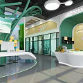 Modern Exhibition Hall Interior With Green Tree Shaped Decoration White Pendant Lights And Eco Counters