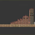 Cartoon Mining Scene With Red Building Green Crane Gray Roof And Wooden Fence