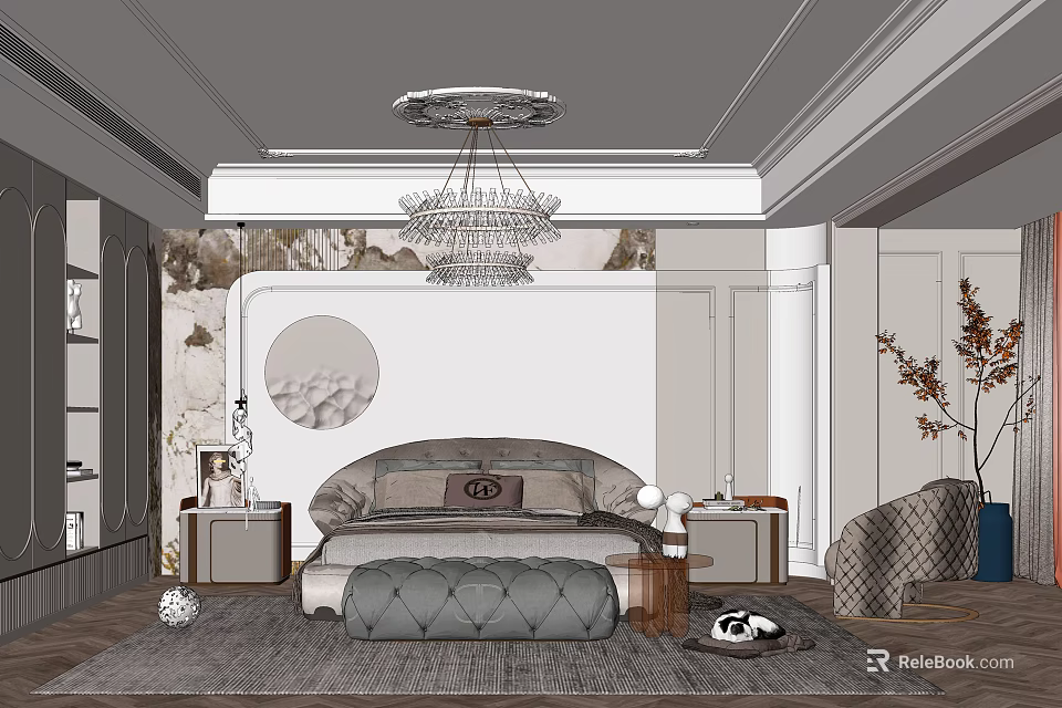 Luxury Modern Bedroom Interior With King Bed Crystal Chandelier Nightstands Area Rug And Accent Chair 3d model 