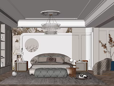 Luxury Modern Bedroom Interior With King Bed Crystal Chandelier Nightstands Area Rug And Accent Chair 3d model