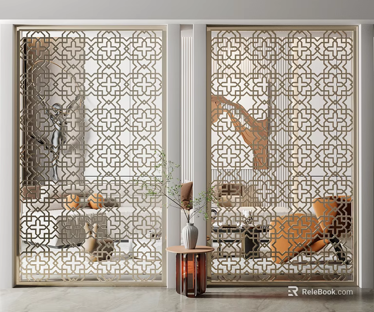 Modern Living Room Metal Partition Screen With Intricate Geometric Cutout Patterns 3d model 