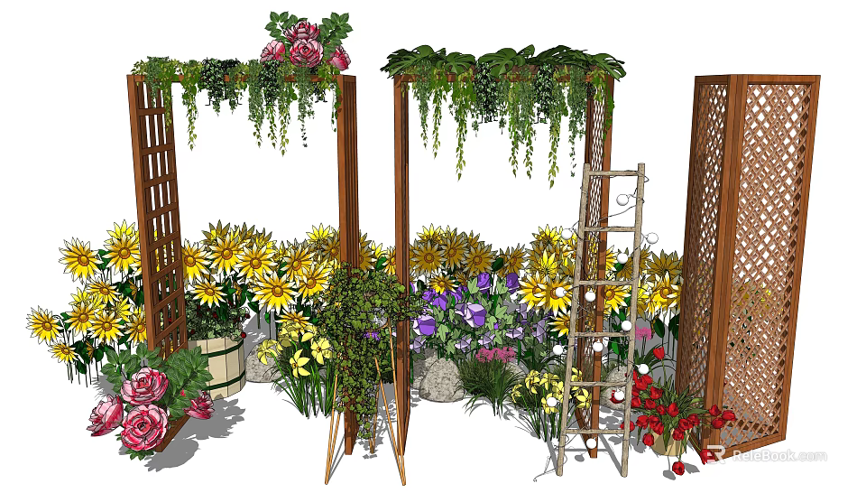 Charming Garden Ornaments With Wooden Archways Hanging Vines And Colorful Flowers 3d model 