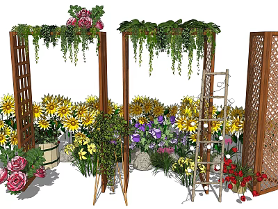 Charming Garden Ornaments With Wooden Archways Hanging Vines And Colorful Flowers 3d model