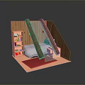 Kids Room Model With Slide Wooden Walls Red Bookshelf White Bed And Red Carpet
