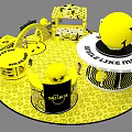 Interactive Yellow Smiley Face Themed Space With Circular Booths Installations And Patterns 3d model
