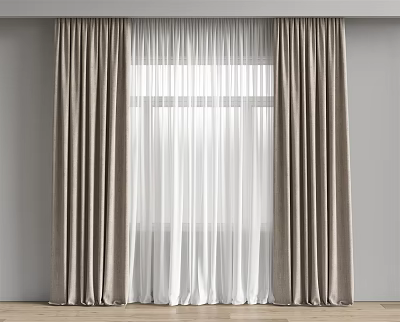 Dark Thick Curtains With White Sheer Panels For Modern Window Decoration 3d model