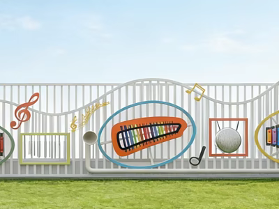Kindergarten With White Fence Colorful Music Notes Accordion Ball Books Green Grass And Blue Sky 3d model