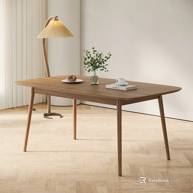 Modern Minimalist Wooden Dining Table with Green Plant Pastry Coffee Cup Book Beside Floor Lamp 3d model 
