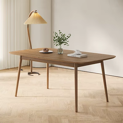 Modern Minimalist Wooden Dining Table with Green Plant Pastry Coffee Cup Book Beside Floor Lamp 3d model