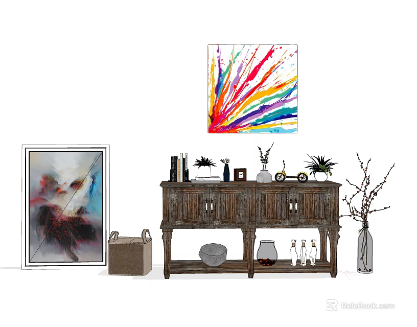 Stylish Wooden Sideboard Cabinet With Colorful Abstract Wall Art Potted Plants Decorative Items And Storage 3d model 