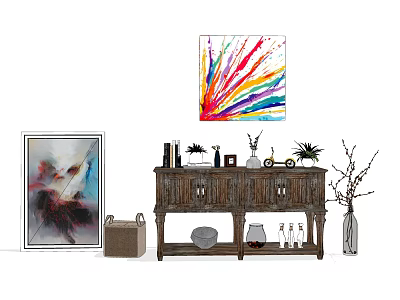 Stylish Wooden Sideboard Cabinet With Colorful Abstract Wall Art Potted Plants Decorative Items And Storage 3d model