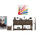 Stylish Wooden Sideboard Cabinet With Colorful Abstract Wall Art Potted Plants Decorative Items And Storage
