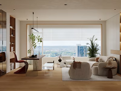 Modern Living Dining Room Interior With Large Windows Roller Blinds City View And Green Plants 3d model