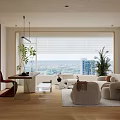 Modern Living Dining Room Interior With Large Windows Roller Blinds City View And Green Plants