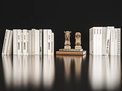 Books Arranged Neatly With Two Small Statues On Reflective Wooden Surface 3d model