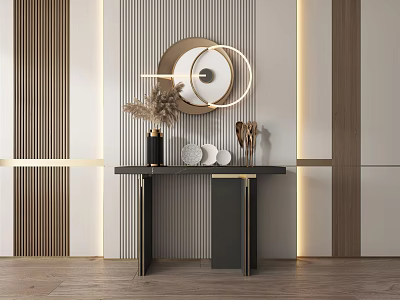 Stylish Modern Console Table With Circular Mirror Decorative Vase Ambient Lighting And Wooden Wall Panels 3d model