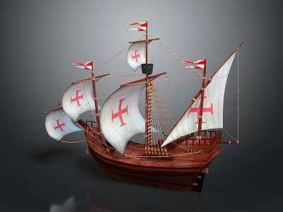 Historical Wooden Sailing Ship With White Sails Adorned With Red Crosses Classic Masts And Rigging 3d model