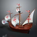 Historical Wooden Sailing Ship With White Sails Adorned With Red Crosses Classic Masts And Rigging