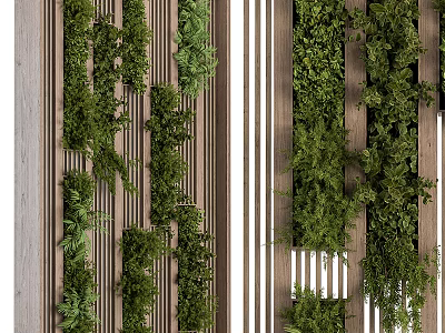 Green Plant Wall with Vertical Wooden Panels Lush Foliage Indoor Outdoor Design 3d model