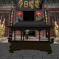 Ancient Chinese Architectural Site With Red Lanterns Golden Statues And Incense Burner