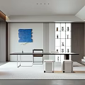 Modern Study Room Interior With Long Desk Chair White Stools Blue Painting Bookshelf And Rug