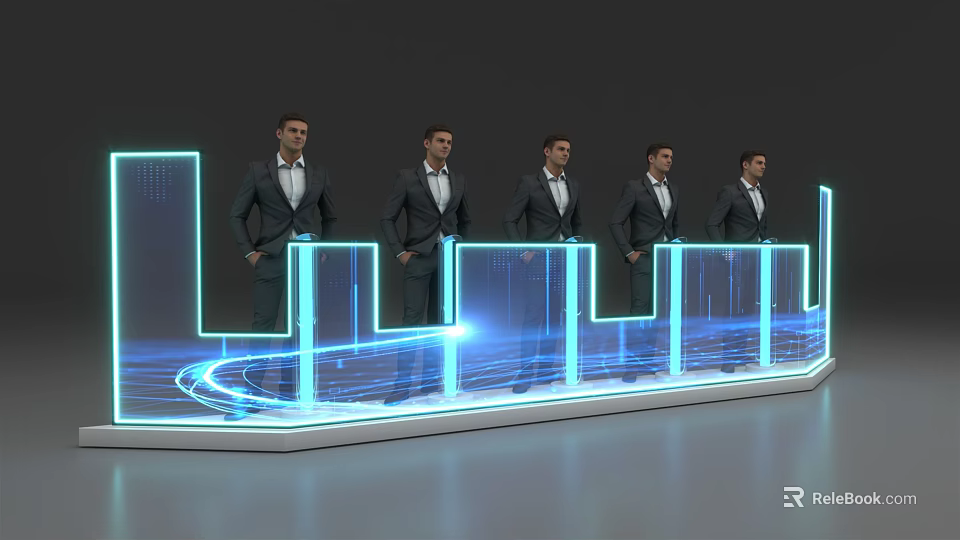 Modern Reception Desk Design With Illuminated Blue Light Strips And Professional Staff 3d model 