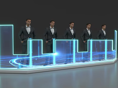 Modern Reception Desk Design With Illuminated Blue Light Strips And Professional Staff 3d model