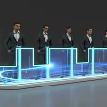 Modern Reception Desk Design With Illuminated Blue Light Strips And Professional Staff