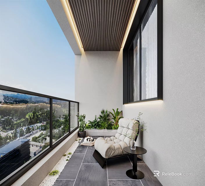 Modern Home Balcony Design With Glass Railing City View Green Plants And Comfortable Seating 3d model 
