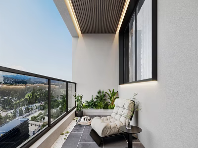 Modern Home Balcony Design With Glass Railing City View Green Plants And Comfortable Seating 3d model