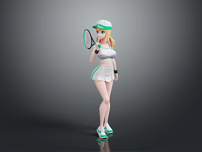 Cute Child in White Green Sportswear with Cap Holding Tennis Racket 3d model