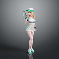 Cute Child in White Green Sportswear with Cap Holding Tennis Racket