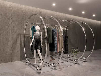 Modern Circular Display Rack With Metallic Frame Hanging Clothes And Mannequin Against Gray Wall 3d model