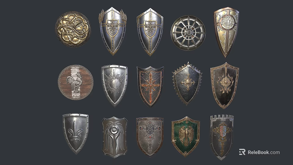 Collection Of Medieval Decorative Shields With Intricate Patterns And Unique Designs 3d model