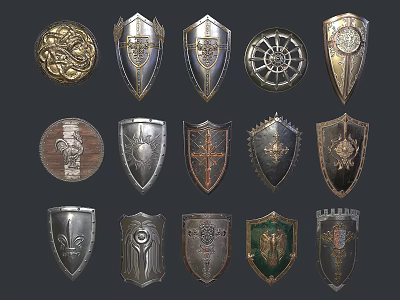Collection Of Medieval Decorative Shields With Intricate Patterns And Unique Designs 3d model