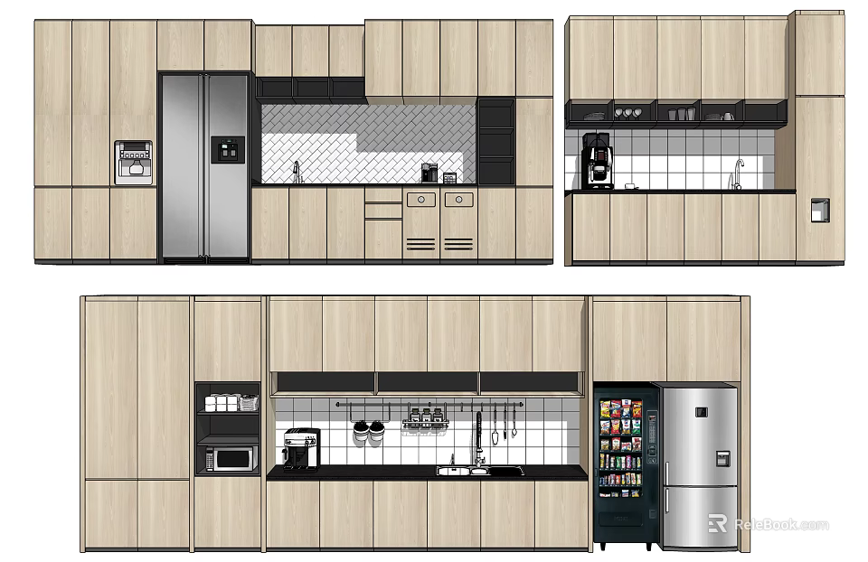 Modern Kitchen Interior With Wooden Cabinets Storage Layout And Appliances 3d model 