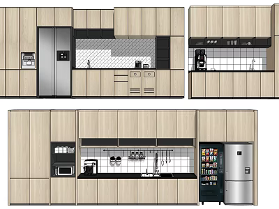 Modern Kitchen Interior With Wooden Cabinets Storage Layout And Appliances 3d model