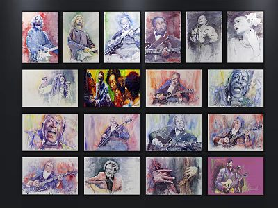 Oil Paintings of Musicians Playing Instruments Singing with Vivid Expressions and Rich Colors 3d model