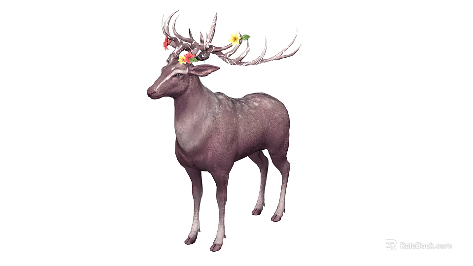 Graceful Deer With Large Antlers Decorated With Colorful Flowers And Green Leaves 3d model 