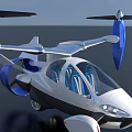 Flying Car With Futuristic Sleek Design Blue Propellers And White Body In Sky
