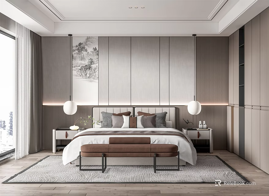 Modern Bedroom Interior Design With Bed Headboard Nightstands Pendant Lights And Carpet 3d model 