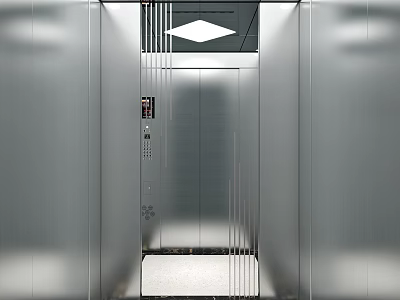 Modern Elevator Hallway Interior Design With Silver Metal Panels And Diamond Shaped Ceiling Light 3d model