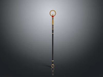 Ornate Staff Weapon With Golden Ring Top Red Gem Black Shaft Gold Base Ring 3d model