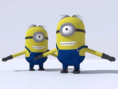 Two Yellow Minion Dolls In Blue Overalls Big Eyes Smiling Outstretched Arms On White Background 3d model